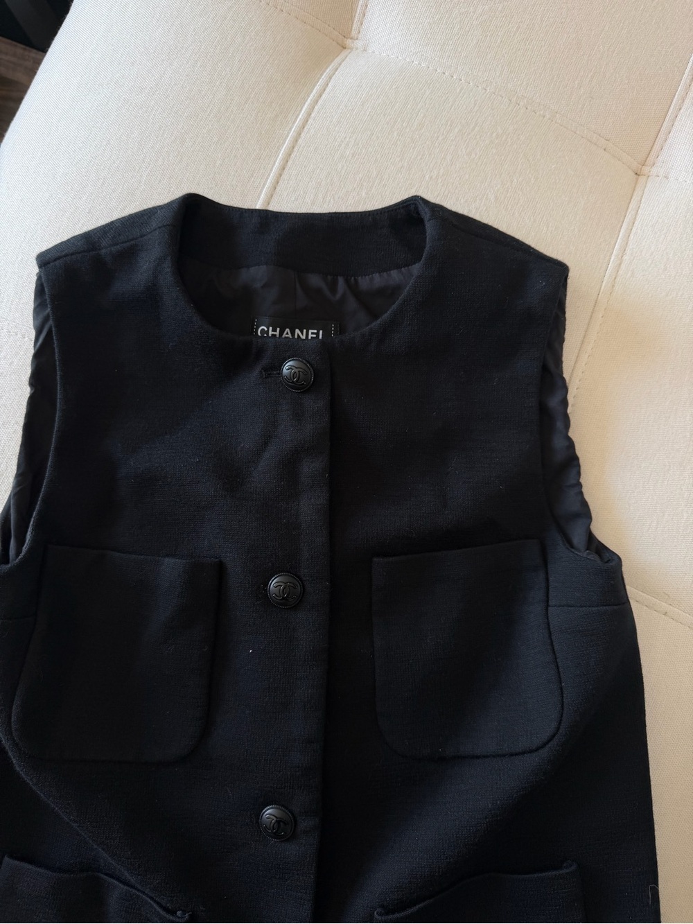 CHANEL Black Sleeveless Wool-Blend Vest with Signature Buttons